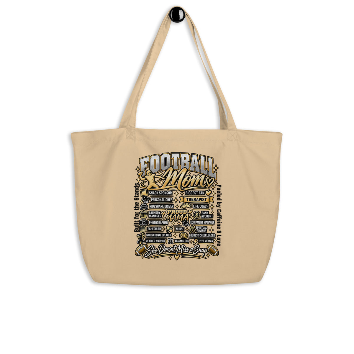 oyster Football Mom tote bag with "All My Roles" design, front view