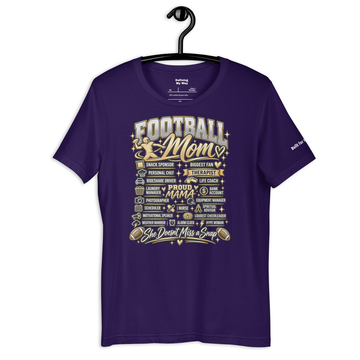 purple Football Mom t-shirt with "All My Roles" design, gold print, front view