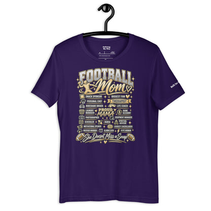purple Football Mom t-shirt with "All My Roles" design, gold print, front view