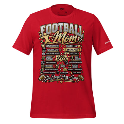 red Football Mom t-shirt with "All My Roles" design, gold print, front view