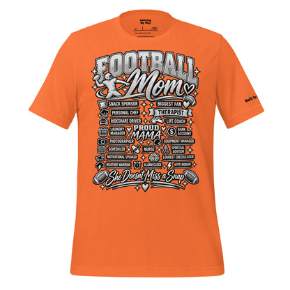 orange Football Mom t-shirt with "All My Roles" design, front view