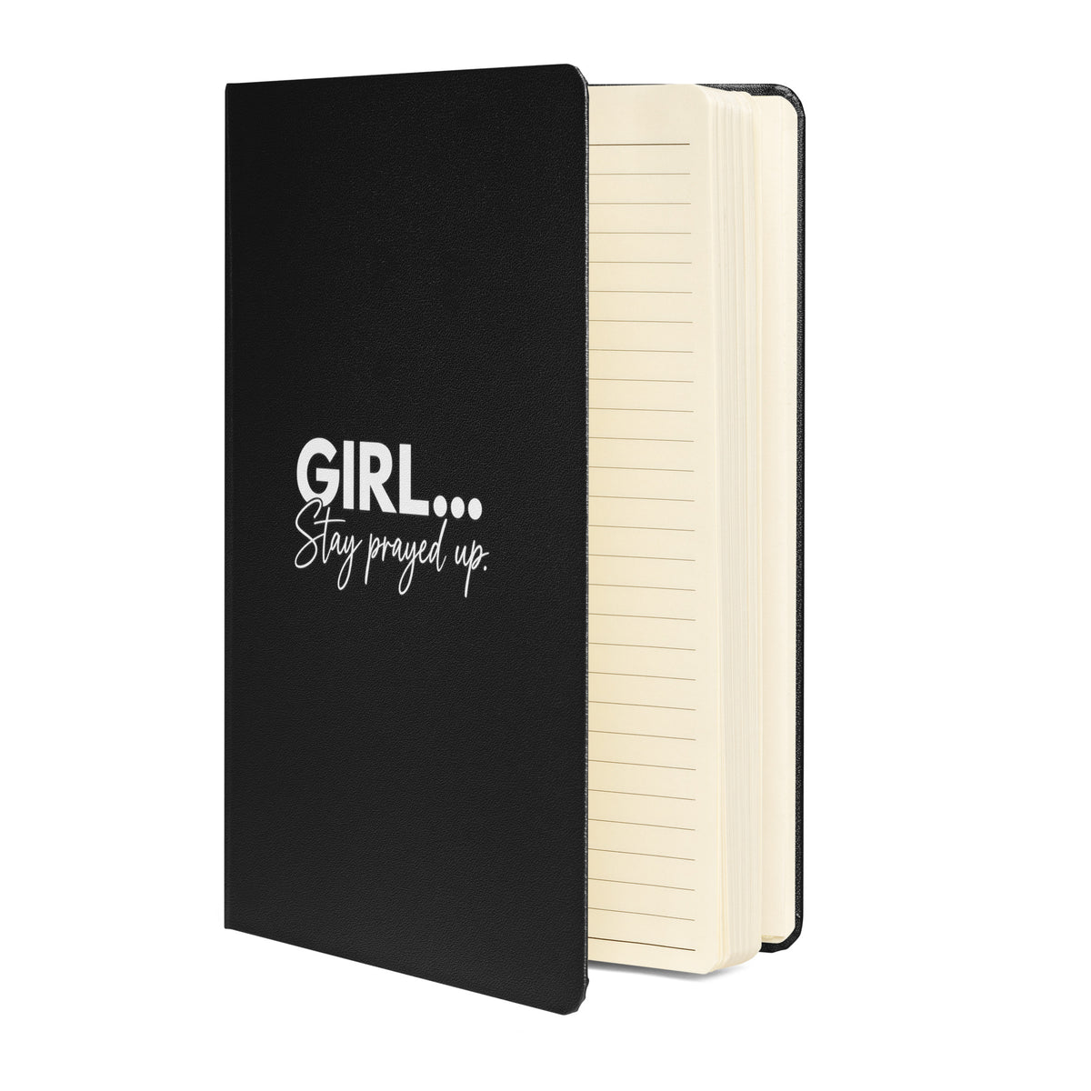 Black hardcover GIRL... Stay Prayed Up prayer journal, alternate front view