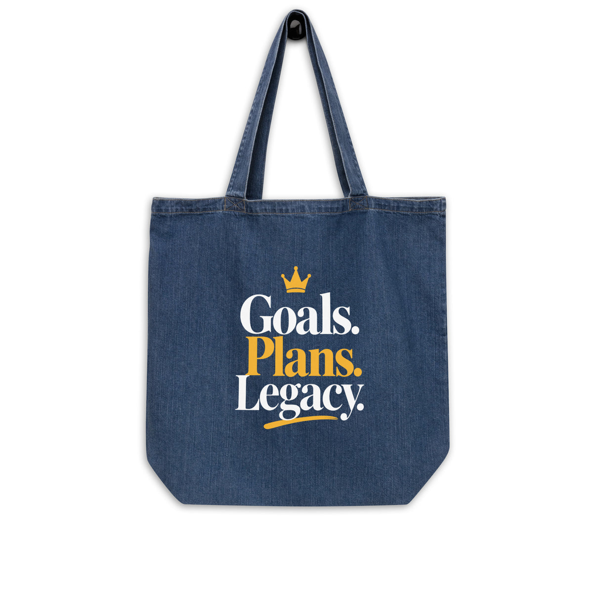 Denim Goals. Plans. Legacy. tote bag, front view