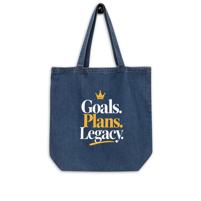 Denim Goals. Plans. Legacy. tote bag, front view
