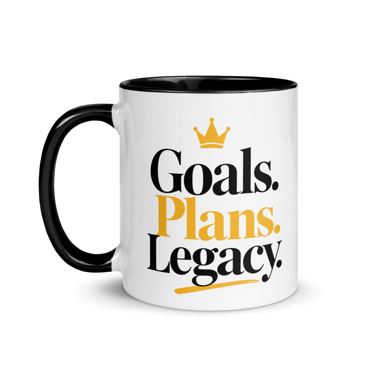 White Goals. Plans. Legacy. mug with black inside and handle, 11 oz, left view
