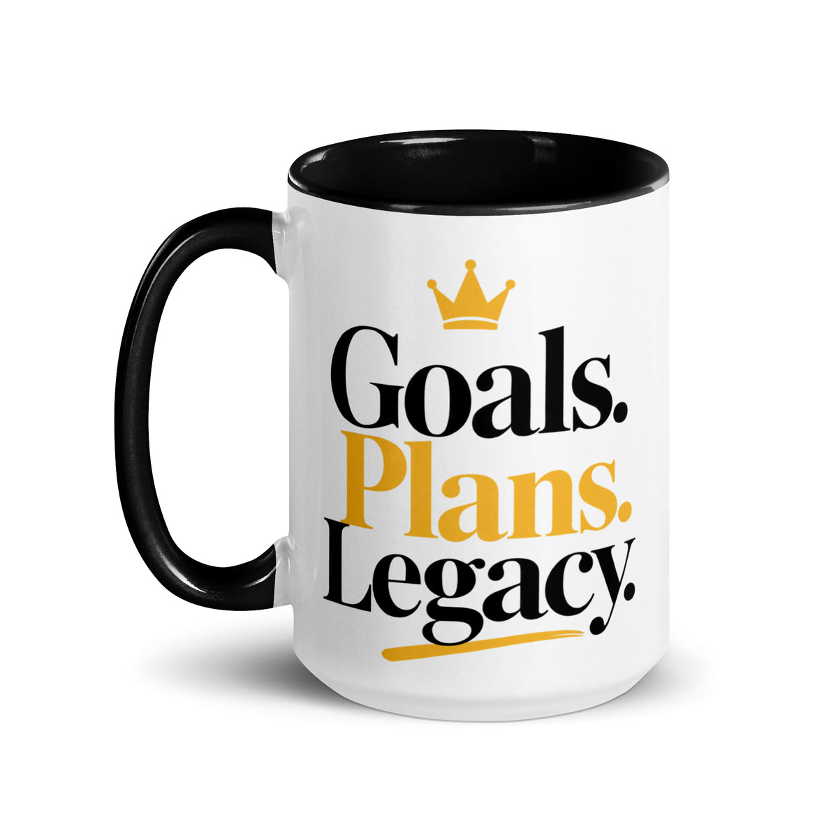 White Goals. Plans. Legacy. mug with black inside and handle, 15 oz, left view