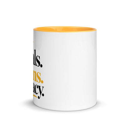 White Goals. Plans. Legacy. mug with golden yellow inside and handle, 11 oz, front view