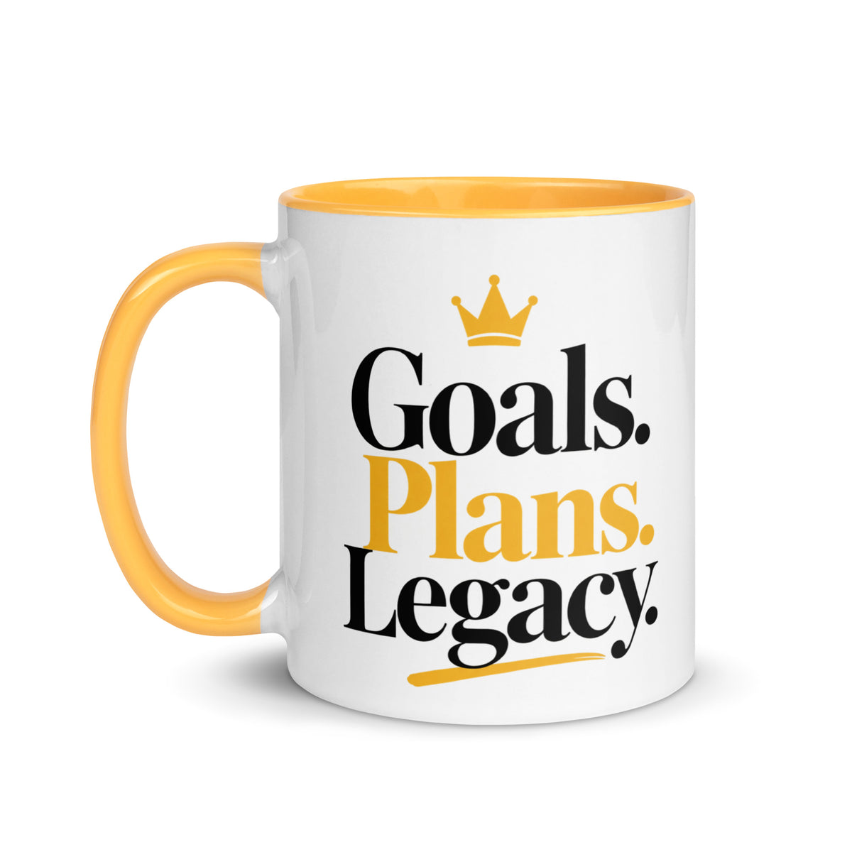 White Goals. Plans. Legacy. mug with golden yellow inside and handle, 11 oz, left view