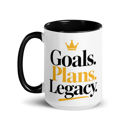 White Goals. Plans. Legacy. mug with golden yellow inside and handle, 15 oz, left view