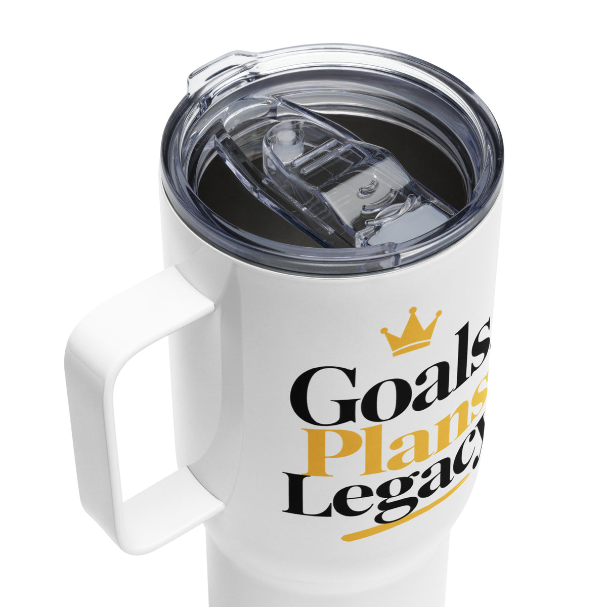 White Goals. Plans. Legacy. travel mug with handle, 25 oz, product details