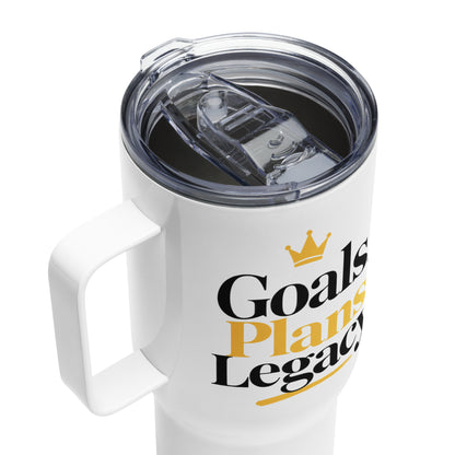 White Goals. Plans. Legacy. travel mug with handle, 25 oz, product details