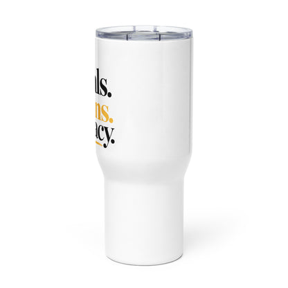 White Goals. Plans. Legacy. travel mug with handle, 25 oz, front view