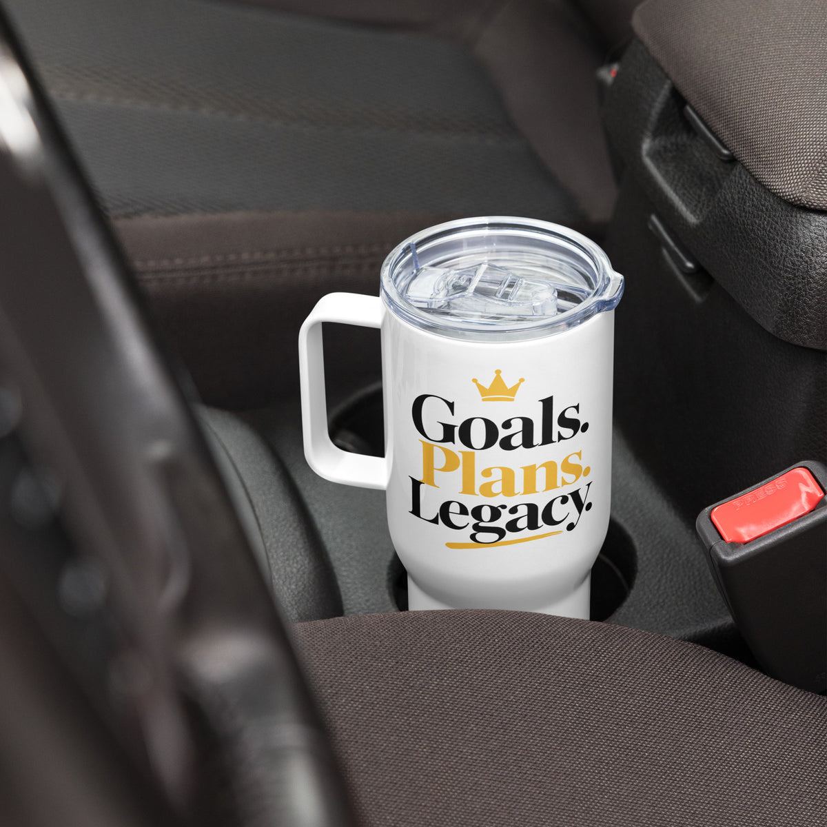 White Goals. Plans. Legacy. travel mug with handle, 25 oz, alternate right view