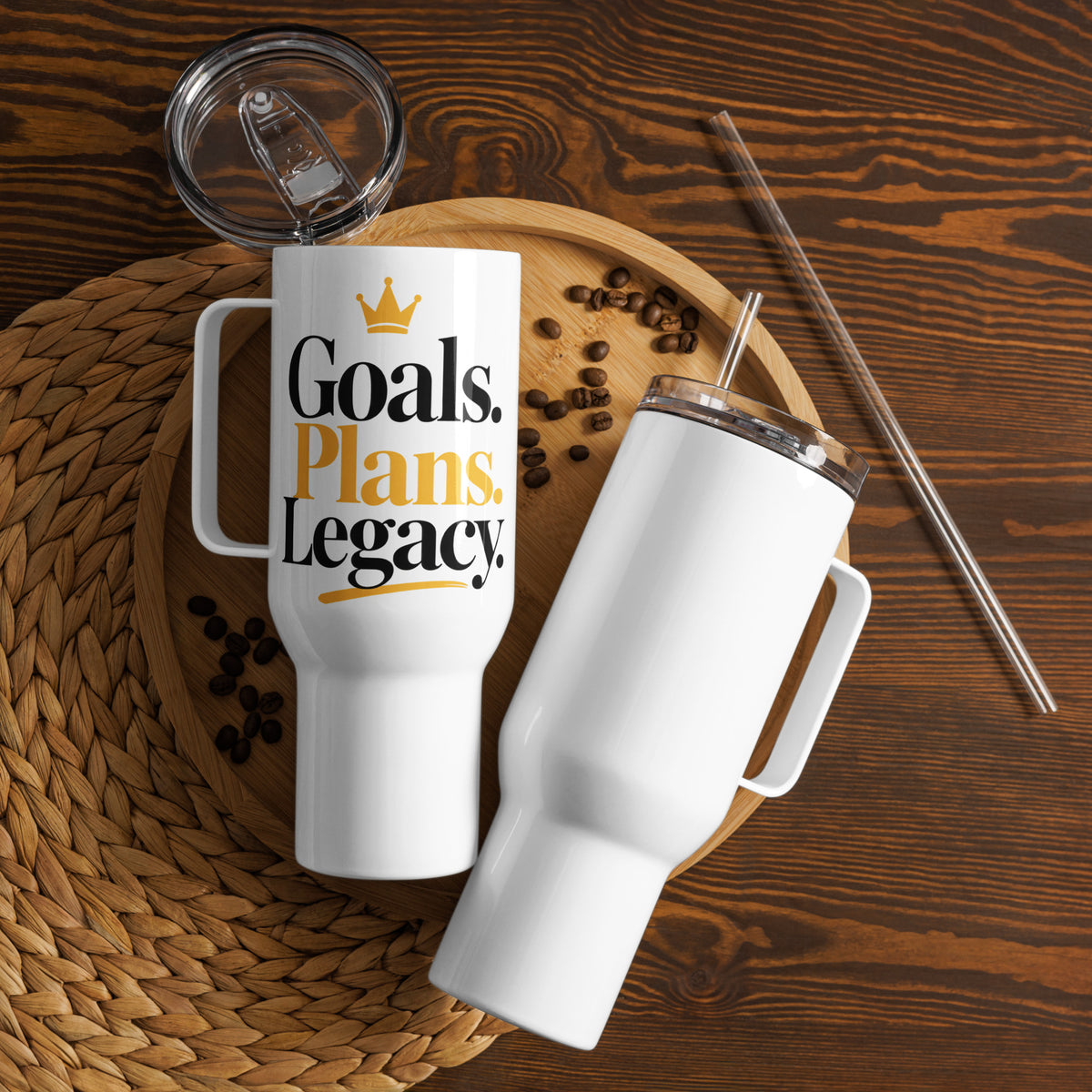 White Goals. Plans. Legacy. travel mug with handle, 40 oz, alternate front view