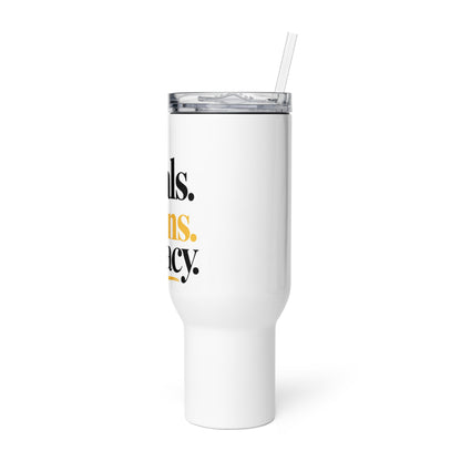 White Goals. Plans. Legacy. travel mug with handle, 40 oz, front view