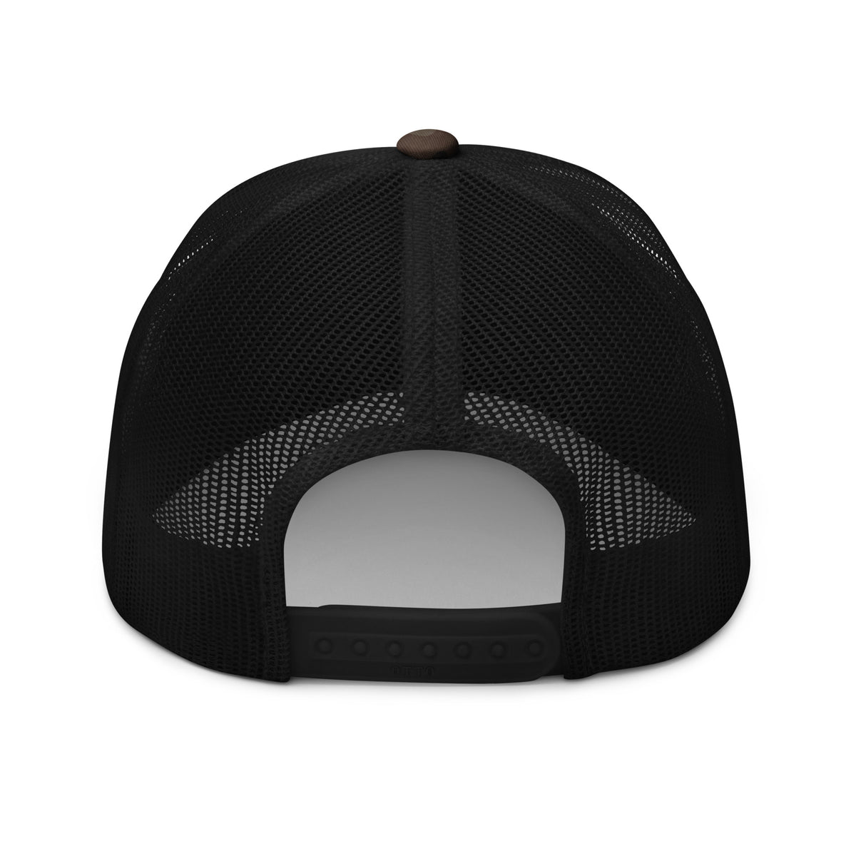 Black camo MAMA. trucker hat, back view