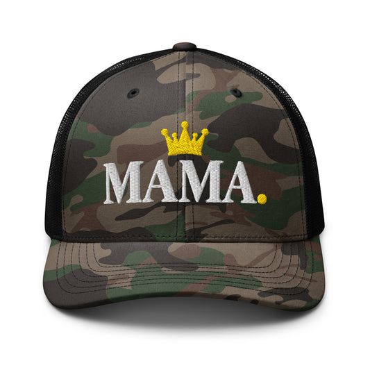 Black camo MAMA. trucker hat, front view