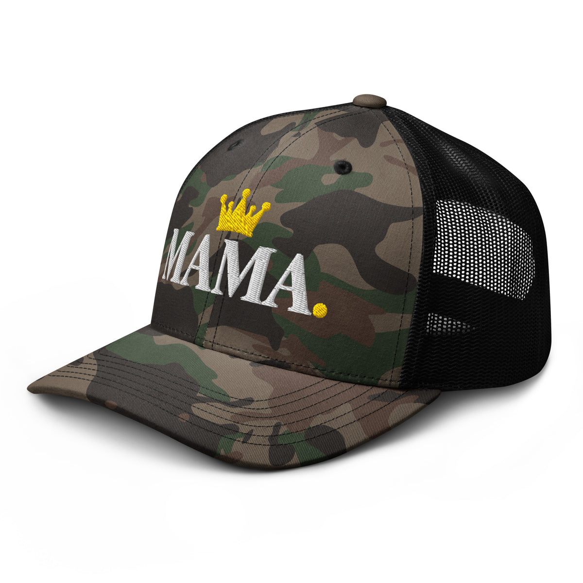 Black camo MAMA. trucker hat, left front view