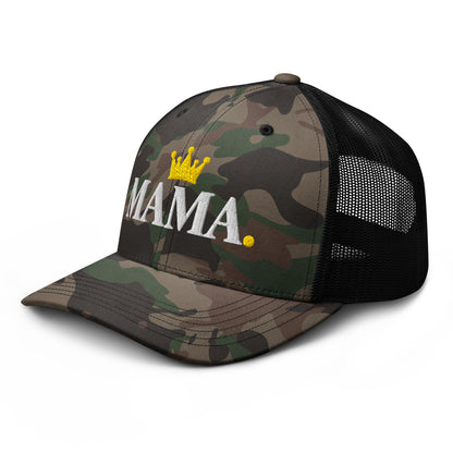 Black camo MAMA. trucker hat, left front view
