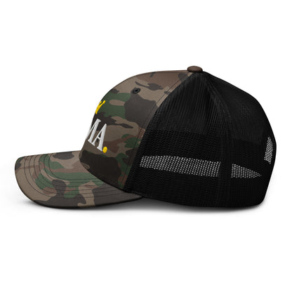 Black camo MAMA. trucker hat, left side view