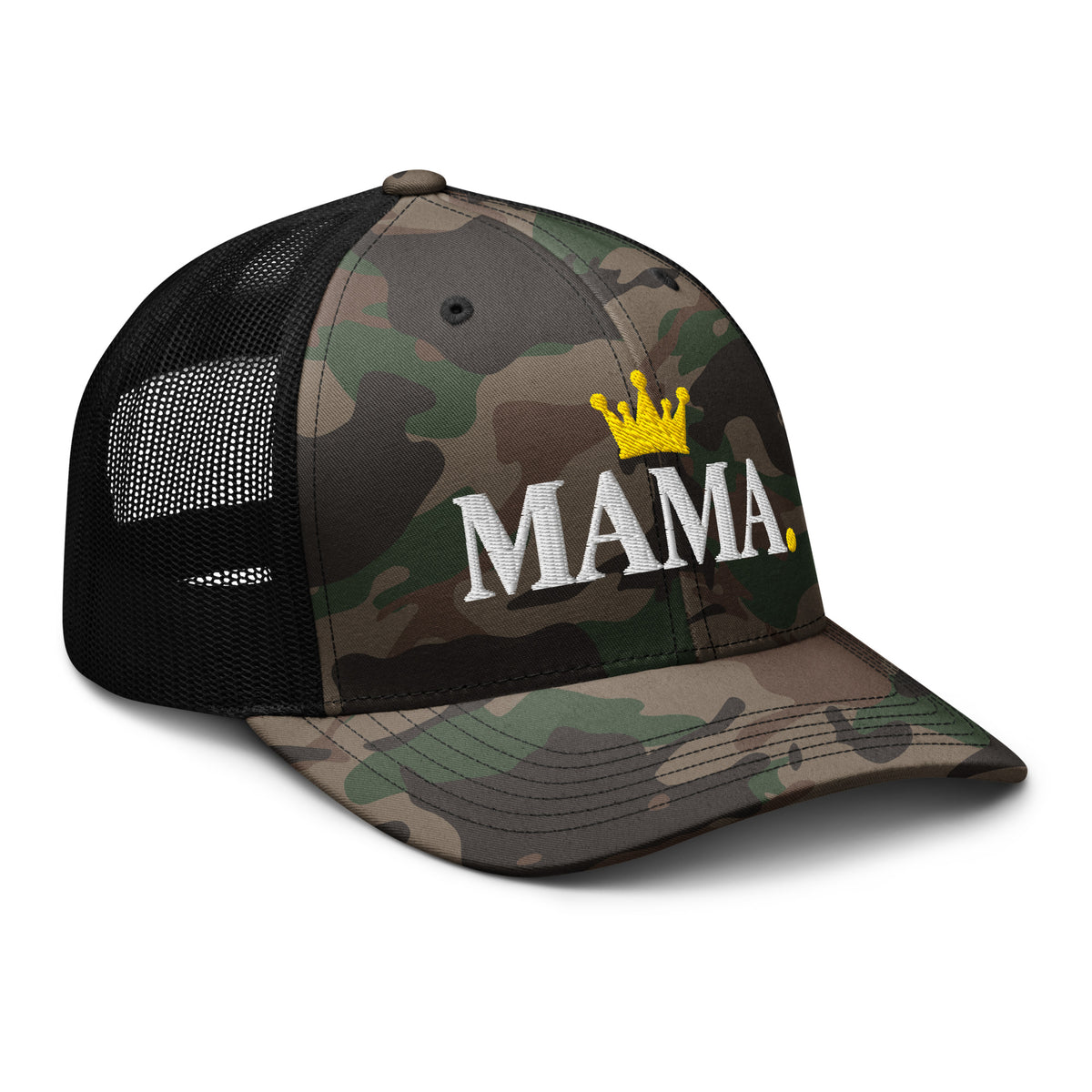 Black camo MAMA. trucker hat, right front view