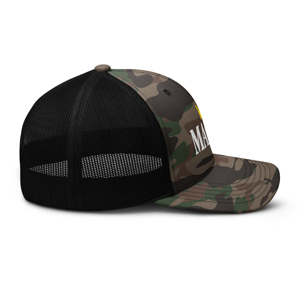 Black camo MAMA. trucker hat, right side view