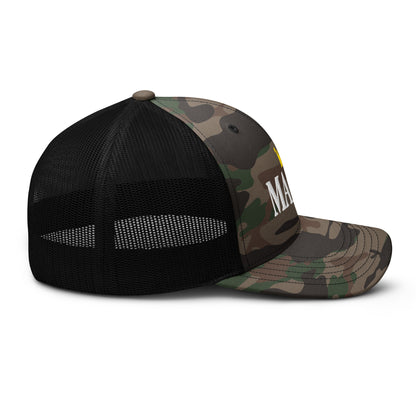 Black camo MAMA. trucker hat, right side view