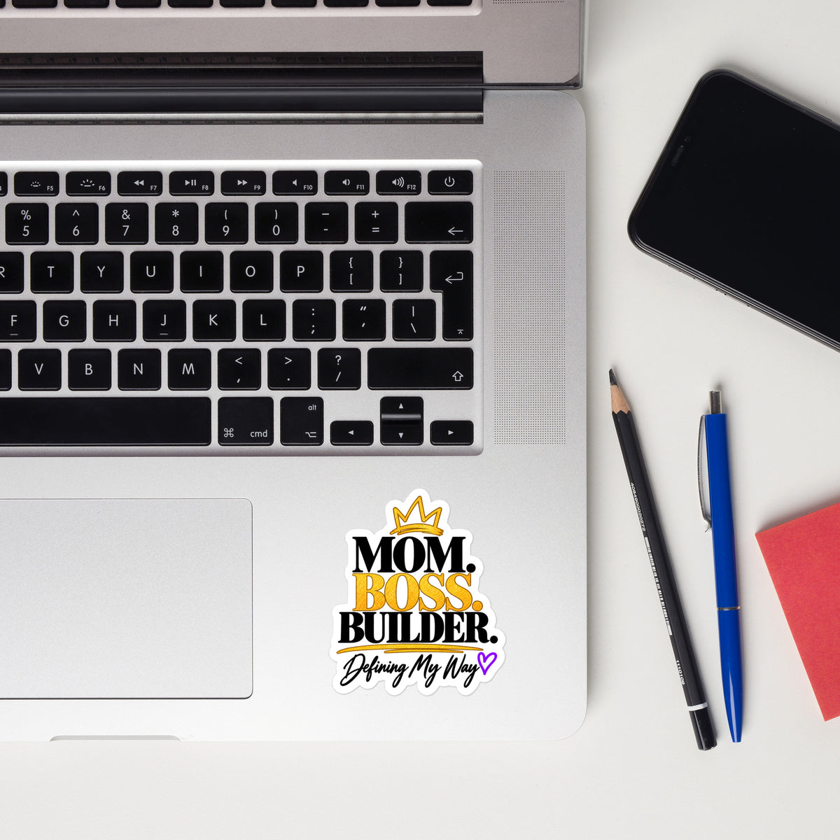 Mom. Boss. Builder. vinyl sticker, close-up view