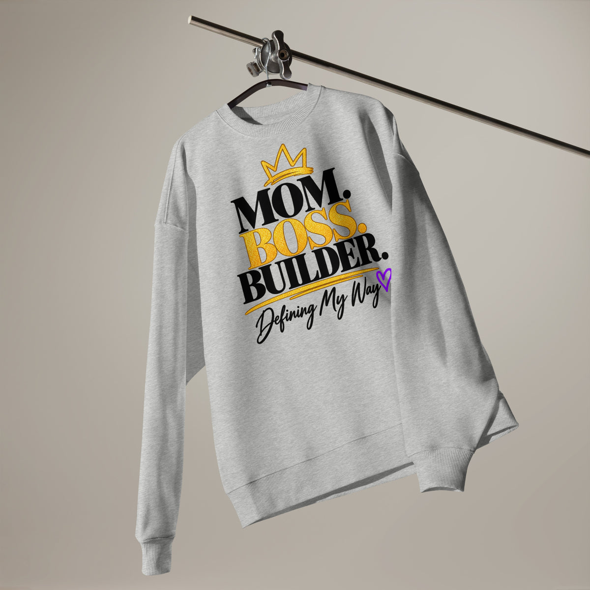 Heather grey Mom. Boss. Builder. oversized sweatshirt, alternate front view