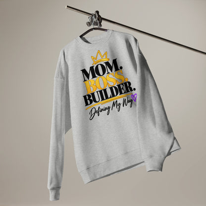 Heather grey Mom. Boss. Builder. oversized sweatshirt, alternate front view