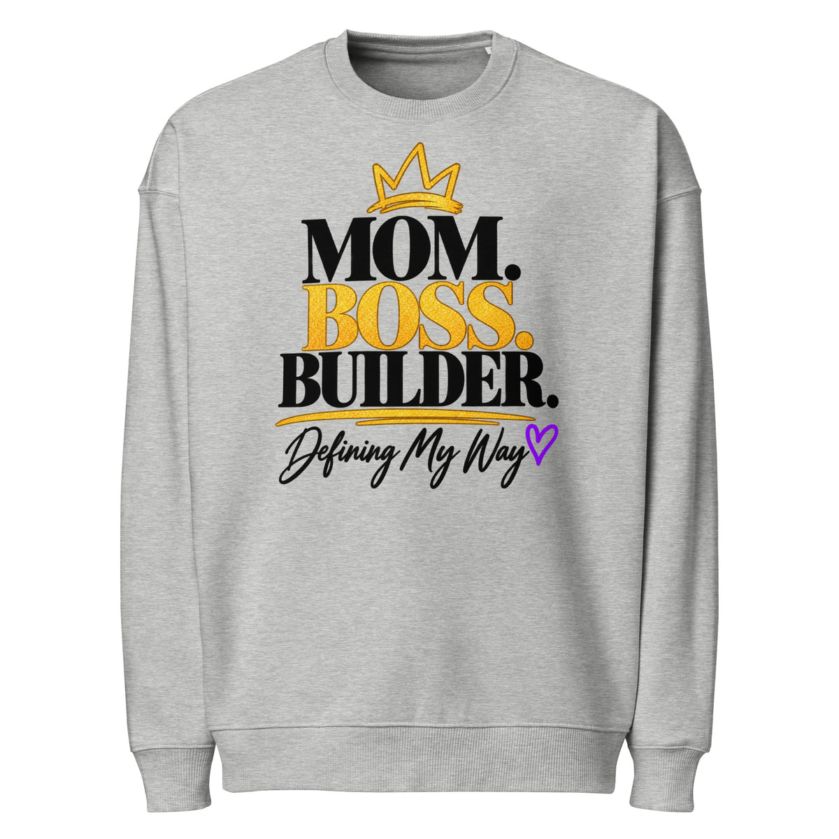 Heather grey Mom. Boss. Builder. oversized sweatshirt, front view