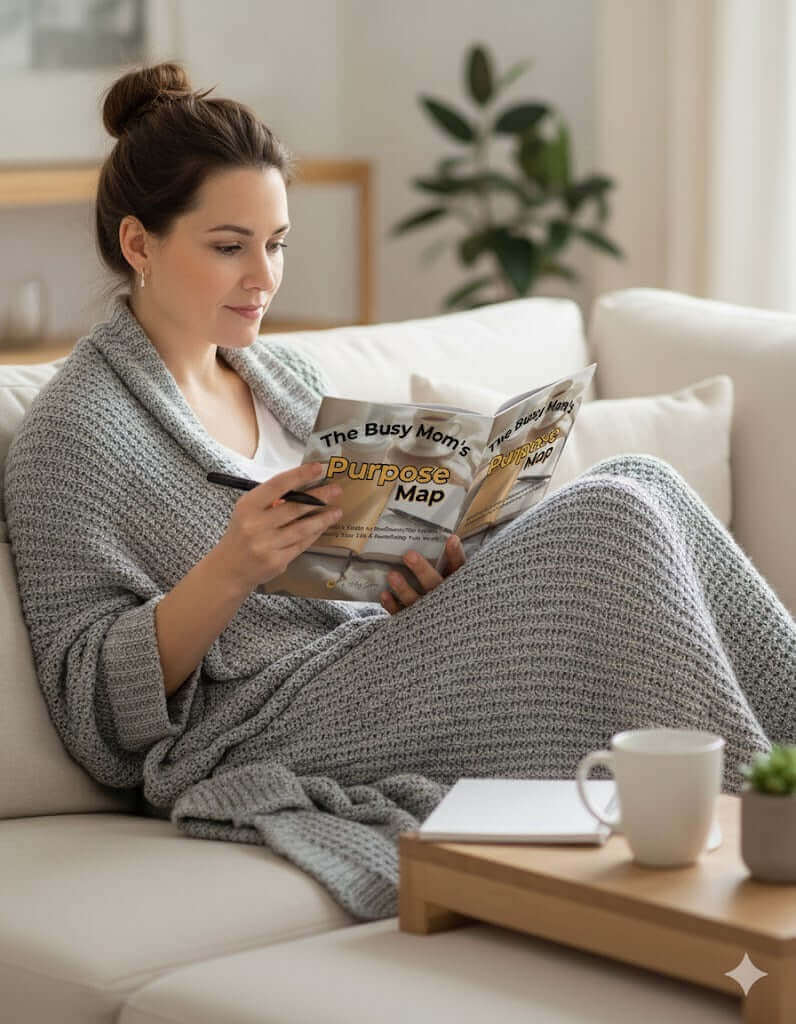 Mom reading "The Busy Mom's Purpose Map" ebook while relaxing on a sofa, illustrating a moment of quiet reflection and self-care for the busy mom.