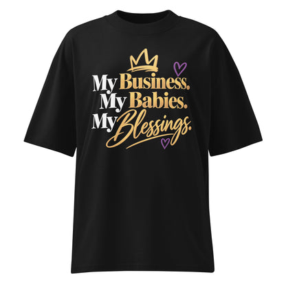 Black My Business. My Babies. My Blessings. oversized high neck tee, front view