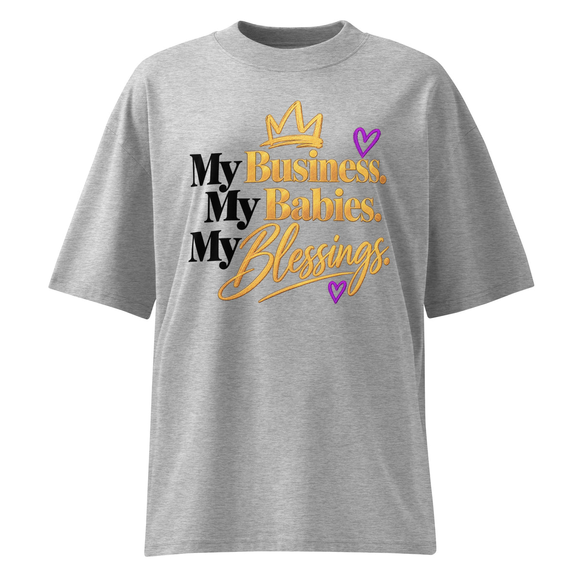 Heather grey My Business. My Babies. My Blessings. oversized high neck tee, front view