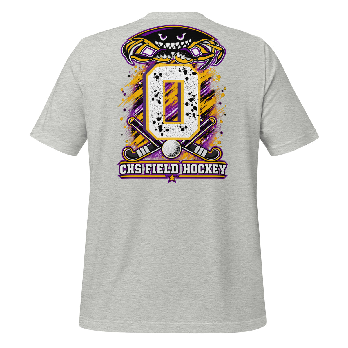 Crabbers Dad tee in athletic heather, back view: crab emblem with personalized jersey number and CHS Field Hockey banner