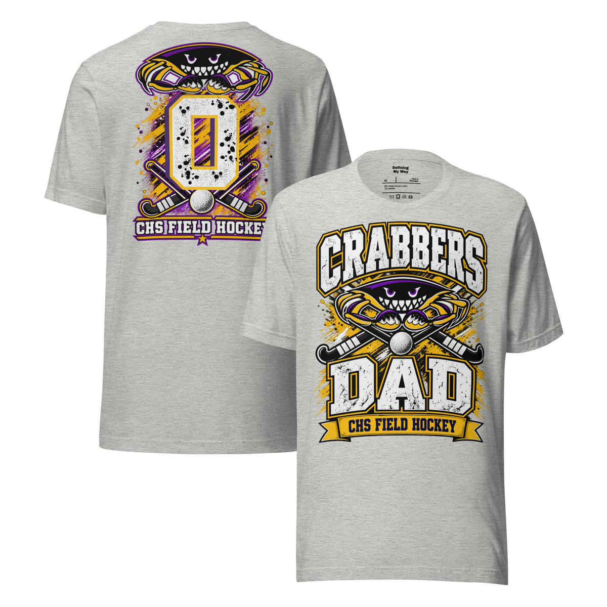 Crabbers Dad tee in athletic heather, front and back view with personalized jersey number