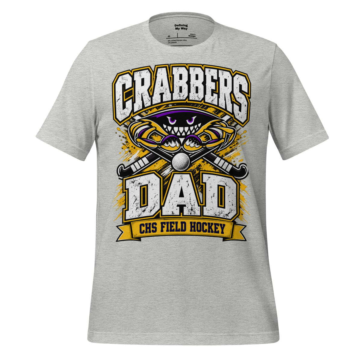 Crabbers Dad tee in athletic heather, front view: CRABBERS DAD with crab emblem and CHS Field Hockey banner