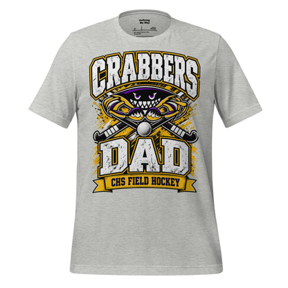 Crabbers Dad tee in athletic heather, front view: CRABBERS DAD with crab emblem and CHS Field Hockey banner