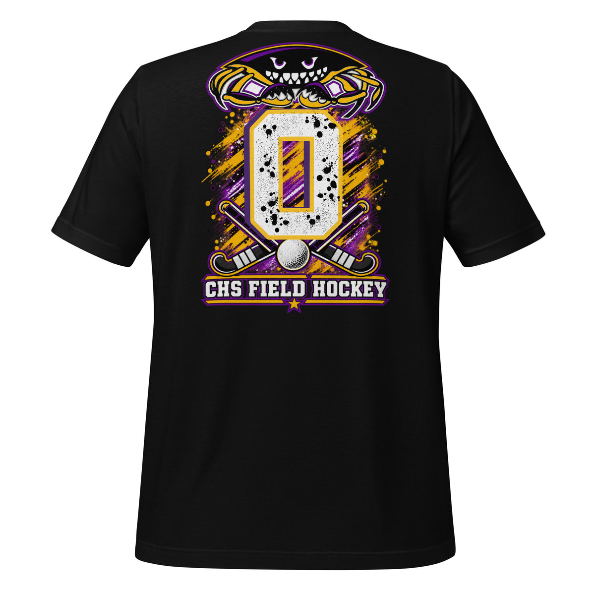 Crabbers Dad tee in black, back view: crab emblem with personalized jersey number and CHS Field Hockey banner