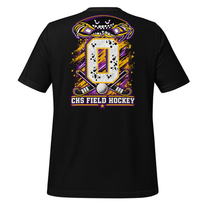 Crabbers Dad tee in black, back view: crab emblem with personalized jersey number and CHS Field Hockey banner