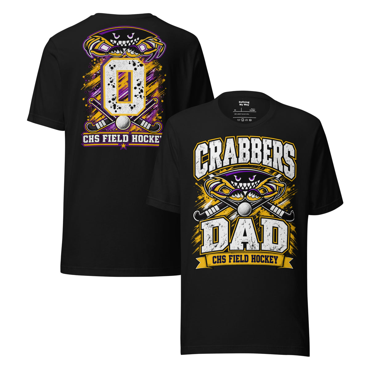 Crabbers Dad tee in black, front and back view with personalized jersey number