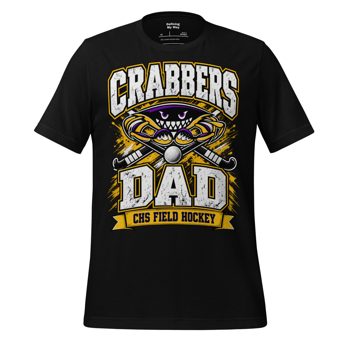 Crabbers Dad tee in black, front view: CRABBERS DAD with crab emblem and CHS Field Hockey banner