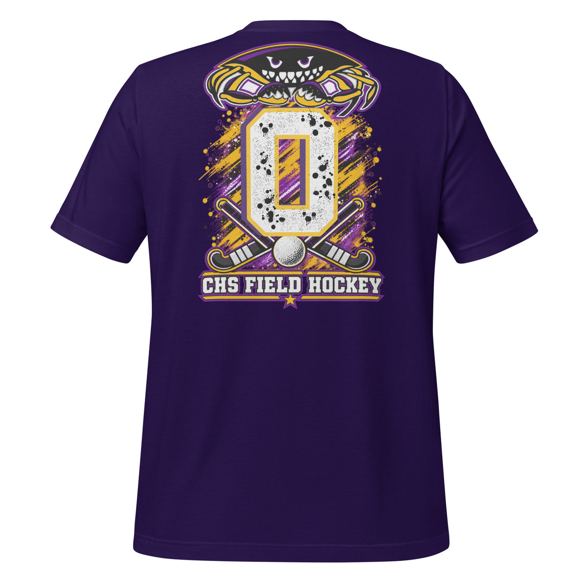 Crabbers Dad tee in team purple, back view: crab emblem with personalized jersey number and CHS Field Hockey banner