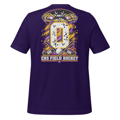 Crabbers Dad tee in team purple, back view: crab emblem with personalized jersey number and CHS Field Hockey banner