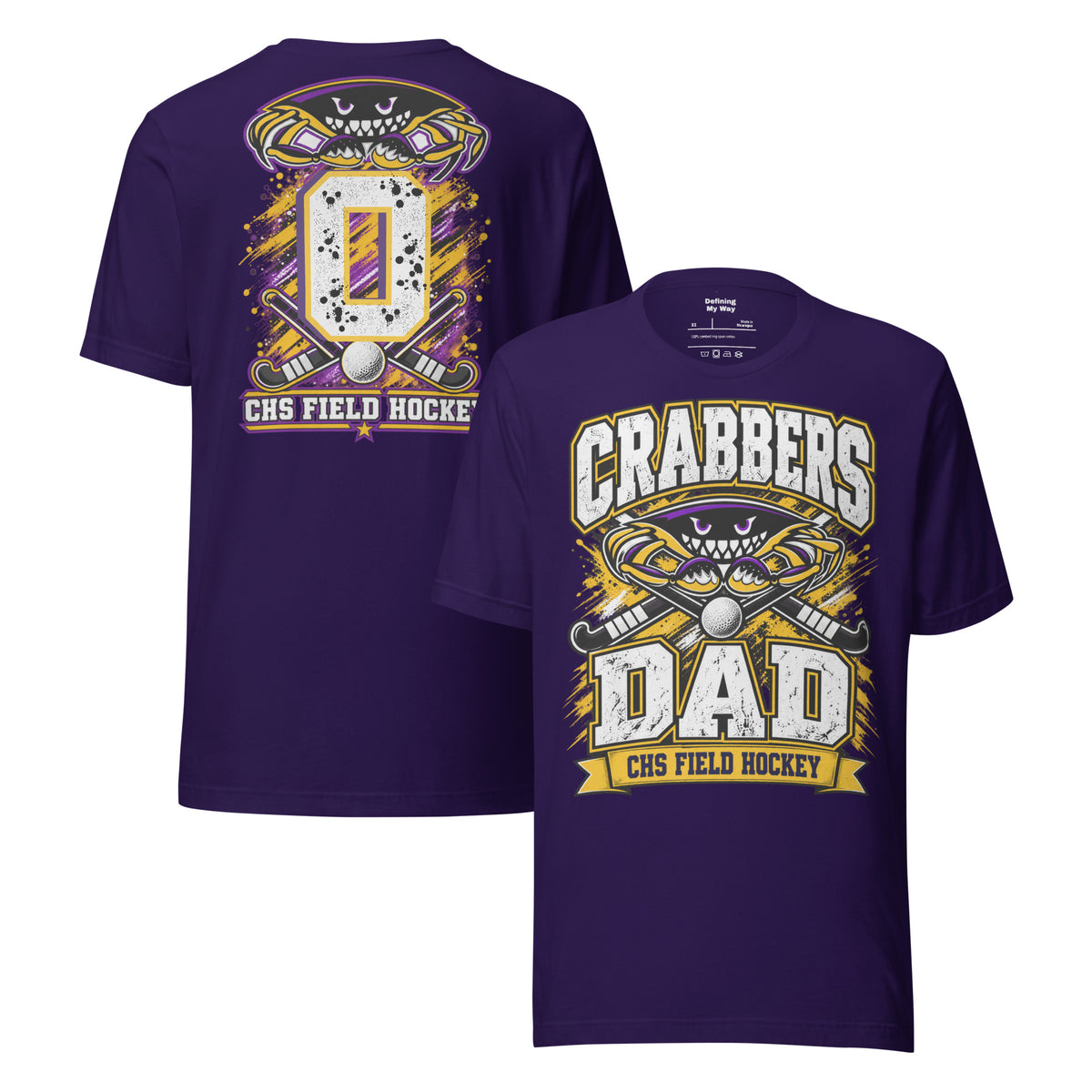 Crabbers Dad tee in team purple, front and back view with personalized jersey number