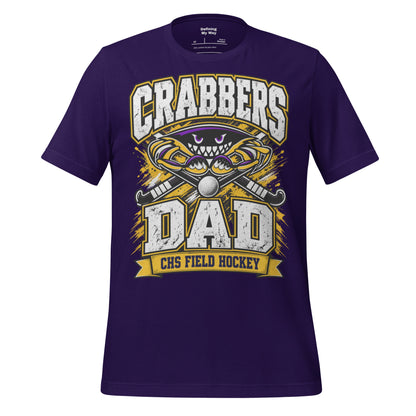 Crabbers Dad tee in team purple, front view: CRABBERS DAD with crab emblem and CHS Field Hockey banner