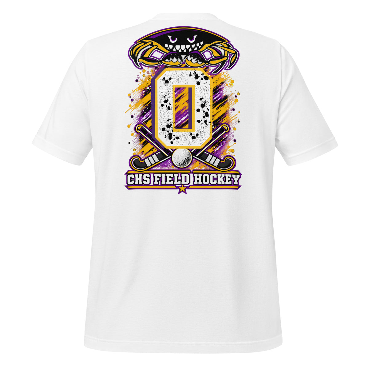 Crabbers Dad tee in white, back view: crab emblem with personalized jersey number and CHS Field Hockey banner