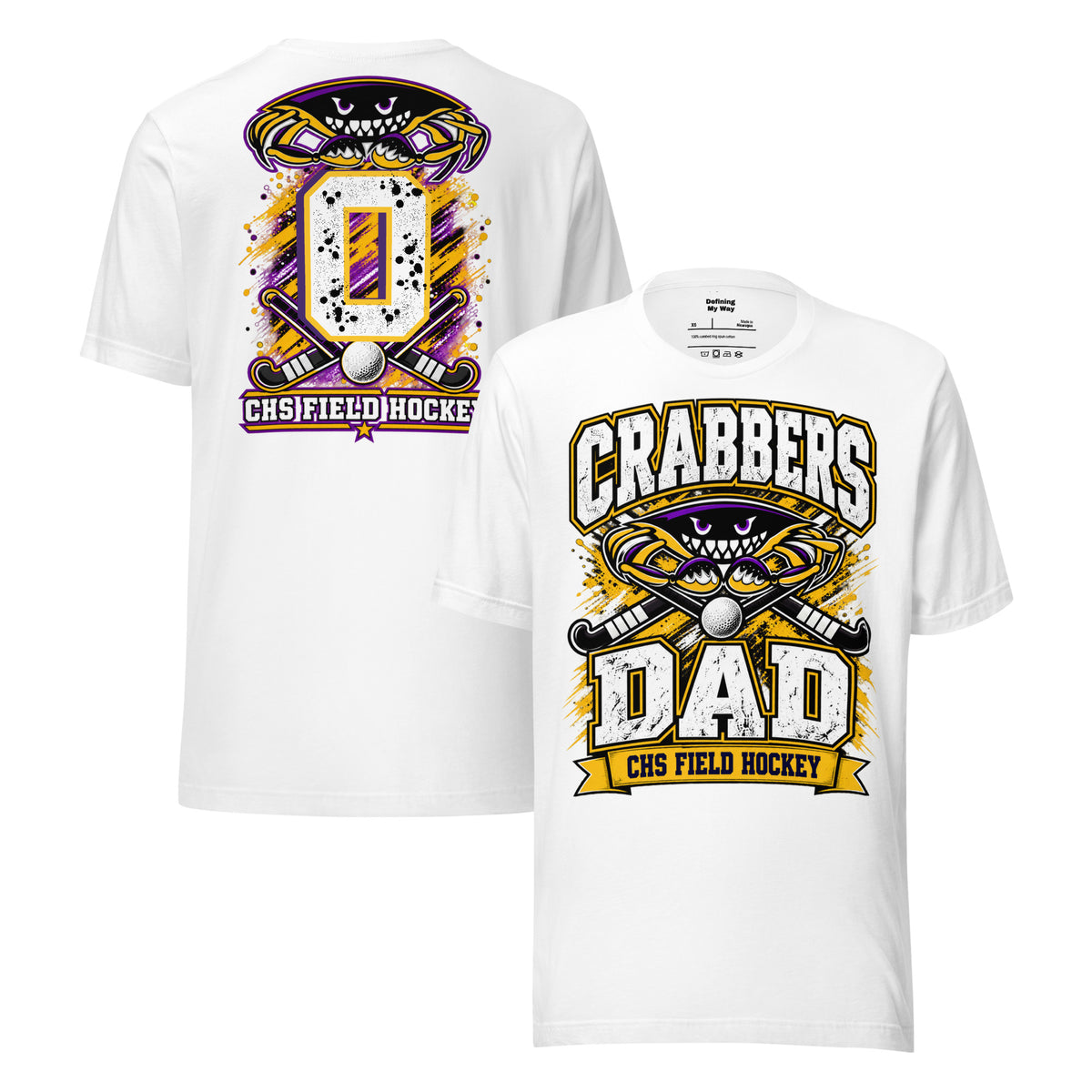 Crabbers Dad tee in white, front and back view with personalized jersey number