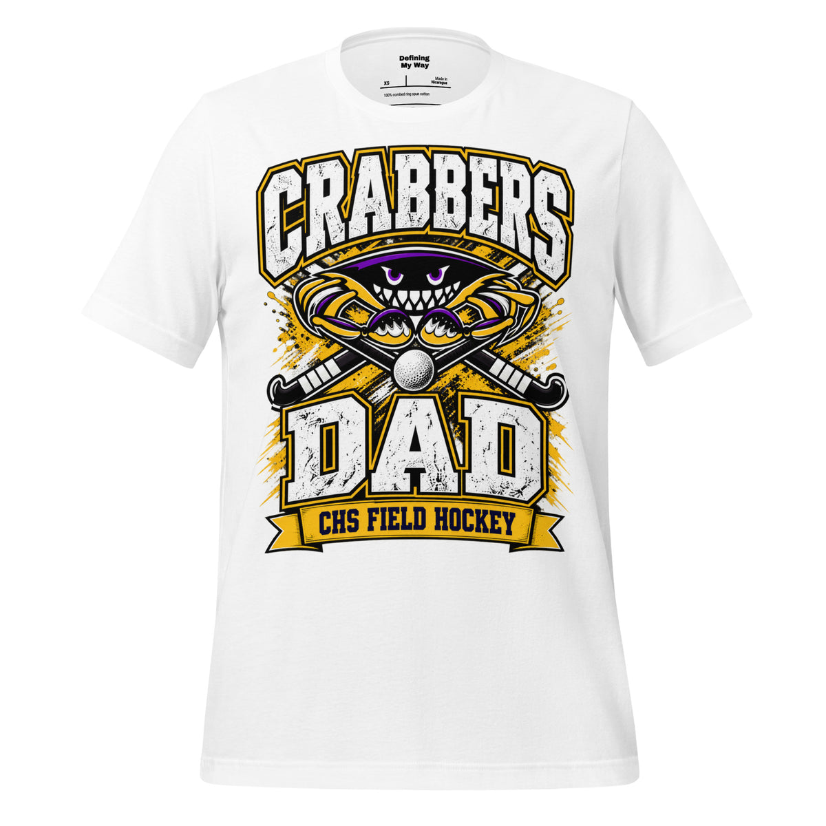 Crabbers Dad tee in white, front view: CRABBERS DAD with crab emblem and CHS Field Hockey banner