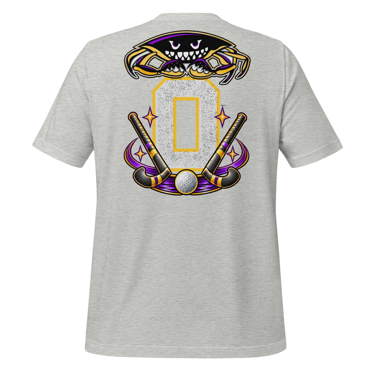 Field Hockey Dad tee in athletic heather, back view: crab emblem, crossed field hockey sticks and personalized jersey number